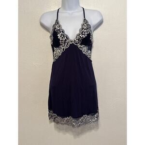 AvidLove 90s Y2K Baby Doll Cami Top Tunic M Navy Blue White Lace Going Out Top